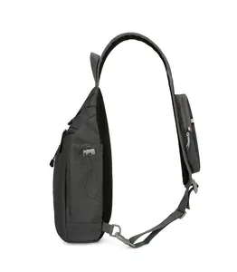 Side view of oxford crossbody bag with breathable mesh back and strap zipper pocket