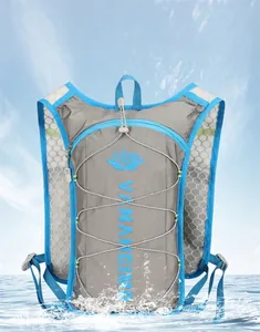 Waterproof outdoor running vest with breathable mesh and elastic cords in nature setting