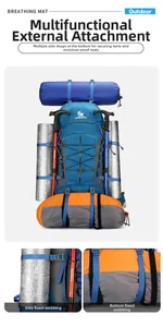 Detail view of large outdoor backpack showing multi-point attachment system and gear storage