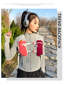 Breathable running vest backpack with adjustable chest straps and colorful mesh pockets