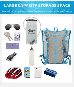 Detail view of large storage capacity hydration vest pack with water bladder and accessories