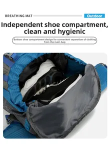 Detail view of the blue hiking backpack featuring a dedicated bottom shoe compartment