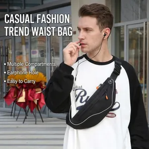 Waterproof black running waist bag with earphone port and buckle strap for sports