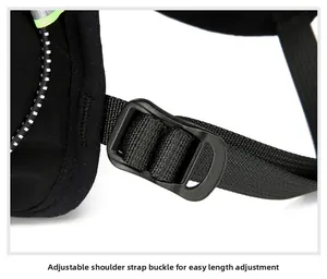 Detail of adjustable shoulder strap buckle on black tactical nylon running backpack