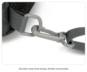 Macro view of a durable detachable swivel hook on a gray Oxford fabric crossbody bag