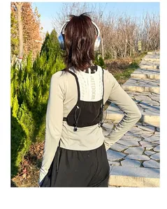 Detail of breathable running vest pack with outdoor print and adjustable drawstring