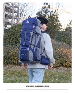 60L large capacity outdoor hiking backpack in navy blue and grey with multi-functional straps
