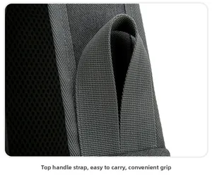 Detail of grey Oxford fabric top handle strap and breathable mesh back on men's chest bag