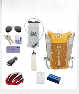 Outdoor hydration backpack layout showing large storage capacity and compartments