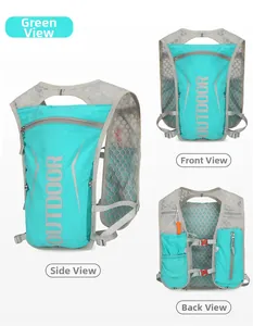 Detail view of mint green marathon running vest with breathable mesh and safety whistle