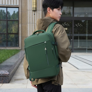 Mochila de viaje expandible verde oscuro para negocios con tela impermeable y bolsillos