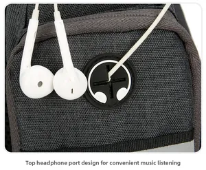 Detail shot of the durable fabric chest bag with a functional rubber headphone port on top