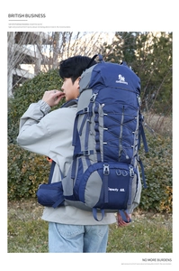 Detailed view of 60L hiking backpack with ergonomic straps and hip belt on model