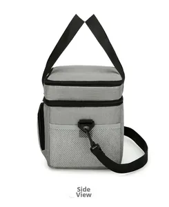 Seitenansicht der grauen Isoliertasche mit zwei Fächern und praktischer Netztasche