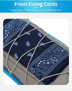 Detail of grey cycling backpack with elastic bungee cord holding a blue paisley bandana