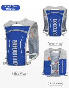 Front, back, and side views of a blue running vest with breathable gray mesh back