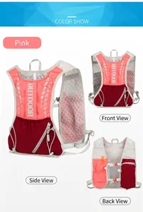 Pink breathable running hydration vest with reflective strips and mesh back panels
