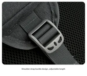 Detail of adjustable shoulder strap buckle and breathable mesh back of this oxford chest bag