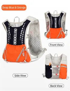 Macro view of lightweight breathable mesh running vest with navy and orange details