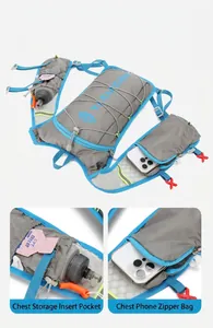 Detail view of hydration vest showing chest storage pockets for bottles and phone zip pocket