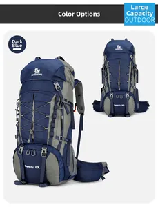 Detail view of the 60L outdoor hiking backpack with side pockets and padded waist support