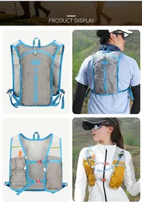 Detail view of breathable running vest with hydration pack and adjustable red buckles