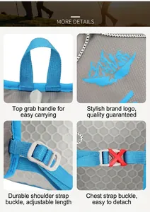 Detailed view of the hiking backpack handle, logo, adjustable buckles, and chest strap