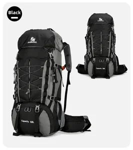 Detail view of 60L hiking backpack with tear-resistant nylon and adjustable buckles
