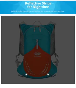 Détail du sac à dos de randonnée bleu paon montrant les bandes réfléchissantes de sécurité