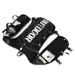 Black nylon hydration running vest with reflective stripes and multi-pocket design