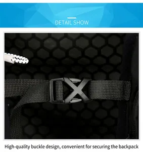 Detail of high-quality plastic buckle and breathable honeycomb mesh on nylon sports backpack