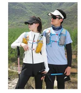Outdoor trail running hydration vest sets for men and women with trekking poles in forest