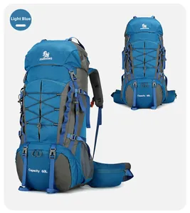 Close-up of light blue 60L hiking backpack with waterproof ripstop nylon and multiple pockets