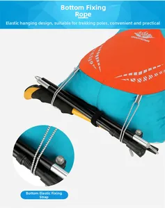 Détail du bas du sac à dos orange avec système de cordon pour bâtons de randonnée