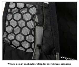Close-up of the breathable mesh shoulder strap with an integrated emergency whistle for safety