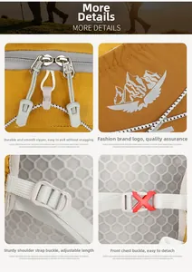 Detail view of anti-tear fabric, smooth zippers, and emergency whistle chest strap