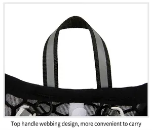 Detail of a black nylon vest bag featuring a reflective top handle and honeycomb mesh fabric