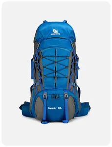 Front view of a 60L outdoor hiking backpack in blue and gray with adjustable straps