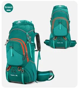 Macro view of green 80L hiking backpack showing water-resistant nylon and waist straps