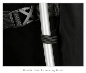 Close-up of nylon vest shoulder strap with plastic buckle and water tube holder