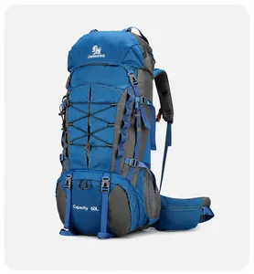 Side view of 60L outdoor hiking backpack in blue and grey with ergonomic straps