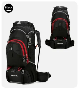 Detail of 80L outdoor hiking backpack in black nylon with ergonomic waist support padding