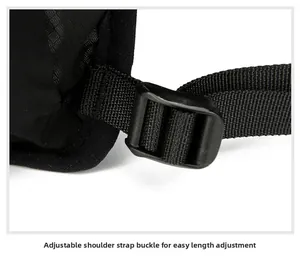 Close-up of the adjustable buckle design on the black nylon shoulder strap