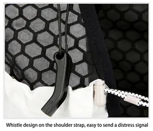 Detail of shoulder strap whistle and honeycomb breathable mesh on nylon running vest