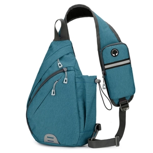 Peacock blue Oxford chest bag with multiple zippers and breathable mesh strap for travel