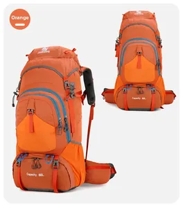 Detail view of the 80L hiking backpack showing durable orange ripstop fabric and straps