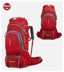 Detailed view of red 80L hiking backpack with tear-resistant fabric and multi-pocket design