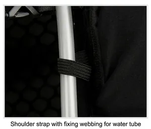 Detail of shoulder strap featuring fixing webbing for hydration tube and plastic buckle