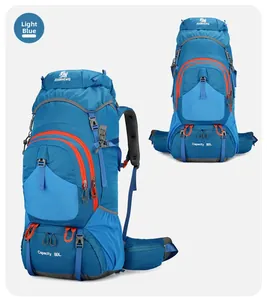 Detailed view of an 80L light blue hiking backpack featuring sturdy straps and buckles