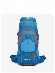 Detailed view of the 80L capacity blue hiking backpack with reinforced orange zippers